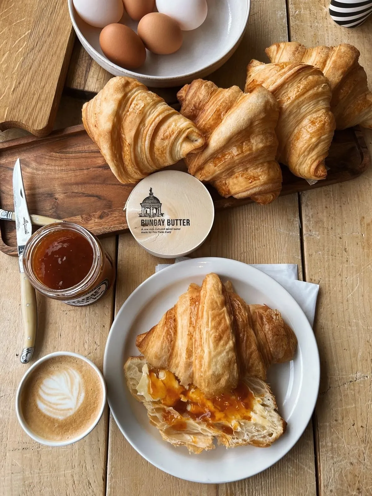 Croissants, butter, jam and a flat white