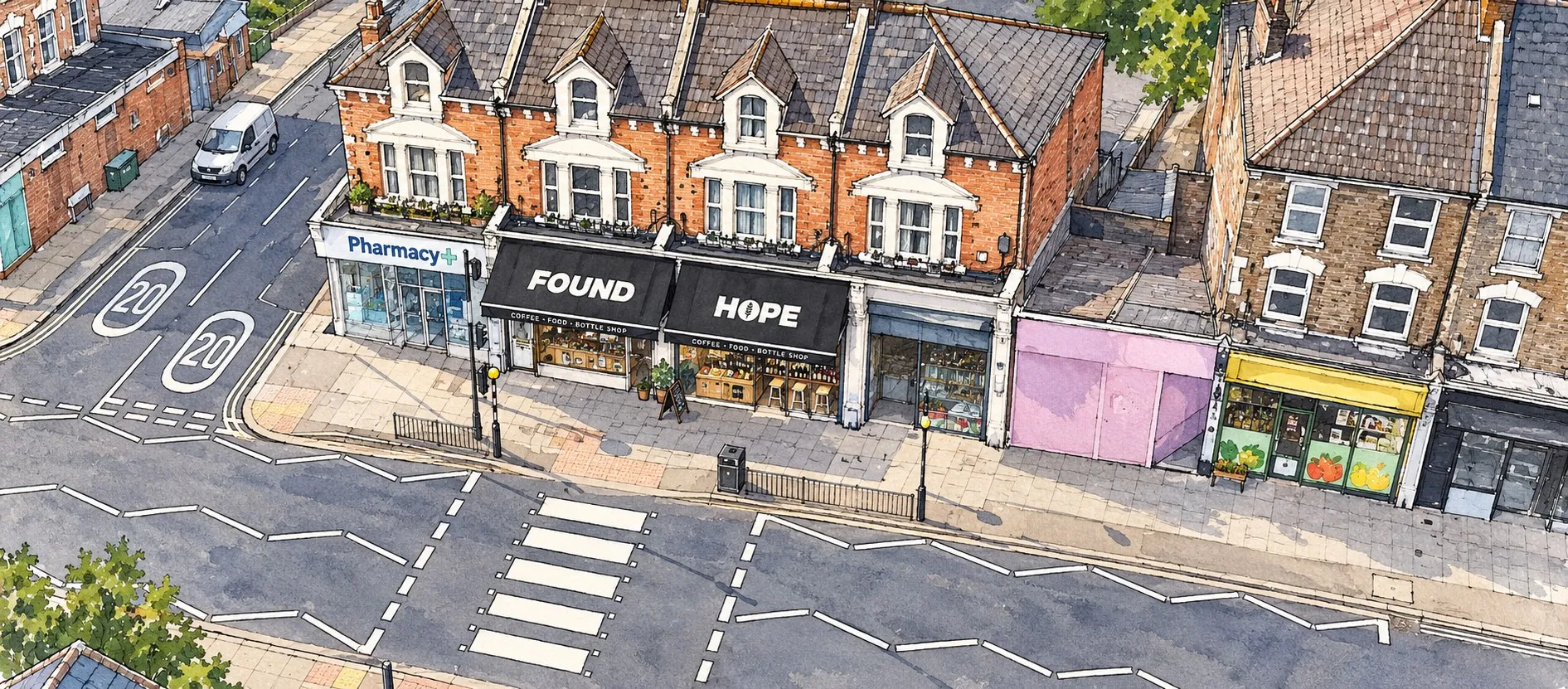 Illustration of Found Hope on Hither Green Lane, with the zebra crossing outside